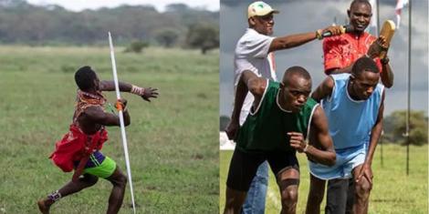 A collage image of a Javelin competitor in action and athletes getting ready to start a race in a past Maasai Olympics. 