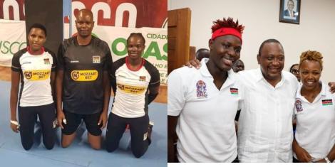 A collage image of Malkia Strikers players with Paul Bitok (L) and President Uhuru Kenyatta (R).