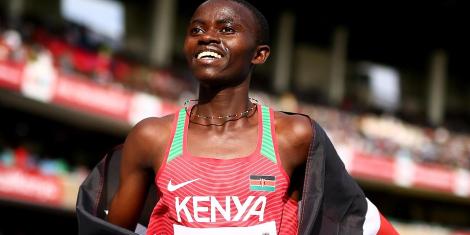 Stanley Waithaka Mburu celebrating winning a 10,000m silver medal at the 2022 World Athletics Championships in Oregon on Sunday July 17.