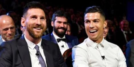 From left to right: Lionel Messi having a light moment with Cristiano Ronaldo in a past UEFA Champions League event.