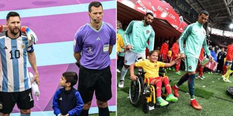 Collage image of a child mascot staring at Argentine star Lionel Messi (L) and Portuguese forward Cristiano Ronaldo holding the hand of a disabled mascot in previous matches.