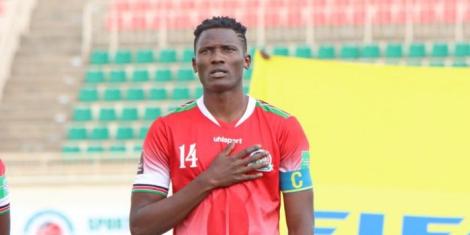 Harambee Stars forward Michael Olunga sings the Kenyan national anthem before the start of a match in the past.