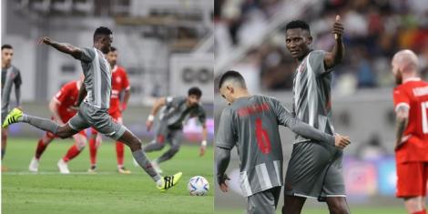 A collage image of Michael Olunga in action for Al-Duhail in the Qatar Stars League on August 31, 2022 at Khalifa International Stadium.