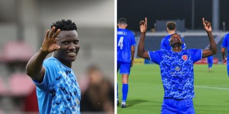A collage of Micheal Olunga celebrating his Hat-trick against Al - Arabi on September 26, 2022 in Qatar.
