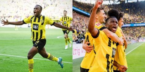A collage image showing Youssoufa Moukoko celebrating his goal (L) and being congratulated by teammates at Signal Iduna Park on September 17, 2022.