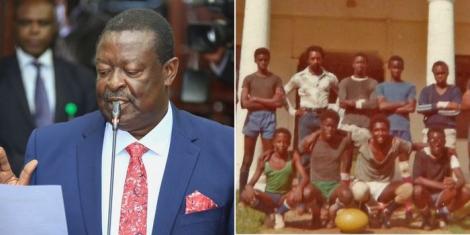 Prime CS nominee Musalia Mudavadi speaking during a vetting committee session in Parliament (L) and the politician (third from left standing) posing for a photo with his former teammates after a training session.