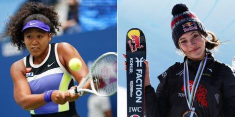 Collage image of Japanese tennis player Naomi Osaka (L), and Chinese Freestyle Skier Eileen Gu (R).