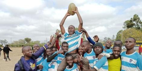 Mogoyuet Secondary School rugby team players celebrate after winning Narok County Secondary School Games rugby sevens title at Narok Boys High School grounds on August 27, 2022.