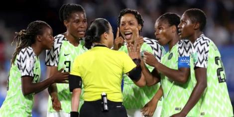 Nigerian players protest an officiating decision at the 2019 FIFA World Cup held in France.