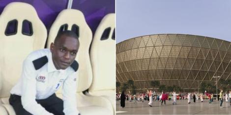 Collage of John Kibe sitting down (L) and the image of the Qatari-based Lusail Stadium (R).