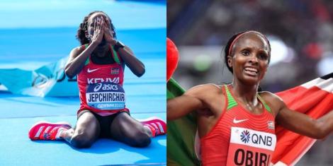 A collage image of Peres Jepchirchir (L) and Hellen Obiri (R) celebrating their performances in past races.