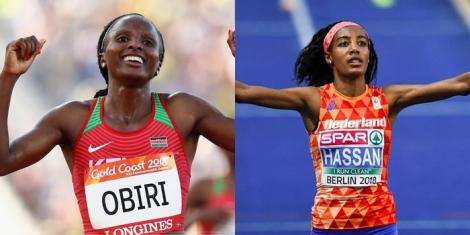 A collage image of Hellen Obiri (L) and Sifan Hassan (R) celebrating their victories in past races.