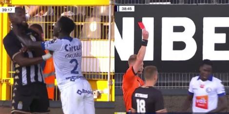 A collage image of Joseph Okumu shoving Isaac Mbenza (L) and being shown a red card (R) on September 4, 2022 in Belgium.