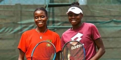 From left to right: Roselida Asumwa poses for a photo with her twin sister Angella Okutoyi.