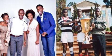 Collage image of FSK Principal Paul Weloba (second from left) posing with his family and him holding a trophy alongside Alliance High School students (right).