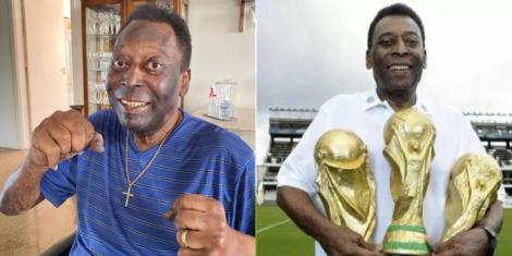 Collage image of Brazilian legend Pele posing for a picture in his house and him displaying three World Cup trophies.