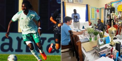 Collage of Kenyan midfielder Philip Mayaka in action in a past match (L) and him during a meeting at St. Peters Mumias High School on November 12, 2022. 
