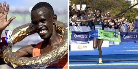 A collage image of Reuben Kerio and Margaret Agai celebrating their win at the 2022 Kosice Peace Marathon on October 2 in Slovakia.