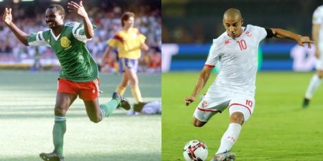 A collage image of Cameroon legend Roger Milla (L) and Tunisian forward Wahbi Khazri (R).