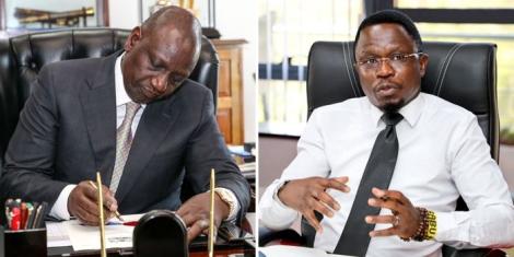 Collage image of President William Ruto signing a bill at State House on December 12, 2022 (left) and Sports CS Ababu Namwamba addressing KRU officials in Nairobi on January 12, 2023 (right).