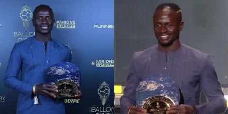 Collage of Sadio Mane posing for a photo with his Socrates award on October 17, 2022 in Paris France.