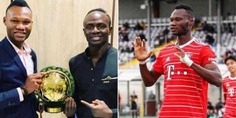 Collage image of Benin forward Désiré Segbé and Senegalese striker Sadio Mane posing for a photo (L) and Segbé playing for Bayern Munich (R).