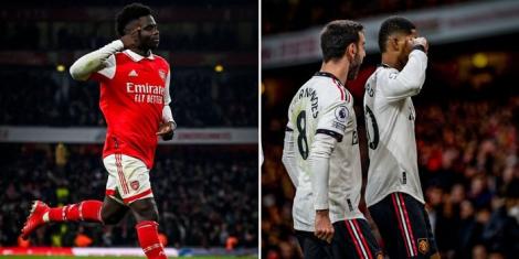 Collage image of Arsenal star Bukayo Saka (left) and Marcus Rashford alongside his Manchester United teammate Bruno Fernandes (right) doing a similar celebration at the Emirates Stadium on January 22, 2023..