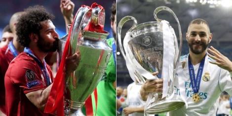 A collage image of Liverpool forward Mohamed Salah (LEFT) and Real Madrid forward Karim Benzema (RIGHT) lifting UEFA Champions League trophies.