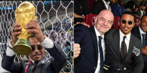 Collage image of Salt Bae lifting the World Cup trophy (L) and him with FIFA President Gianni Infantino (R).
