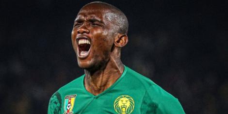 Samuel Eto'o celebrating a goal for Cameroon in a past match.