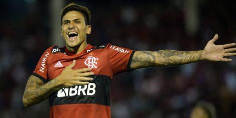 Pedro Dos Santos celebrates scoring a goal for Flamengo on February 3, 2022 in Brazil.