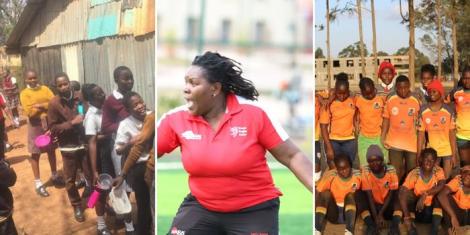 Collage image of school girls lining up for a meal (left), Kenyan youth educator Sarallynne Agola (middle), and young rugby players under her care posing for a photo (right).