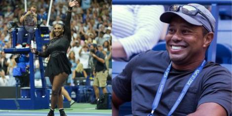 A collage image of Serena Williams (L) and Tiger Woods (R) at Arthur Ashe Stadium, New York during the 2022 US Open tennis tournament. 