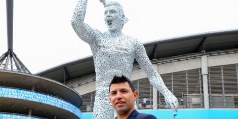 Football Legend Sergio Aguero Poses Infront Of His Newly Unveiled Statue at Eithad Stadium on May 13 2022.