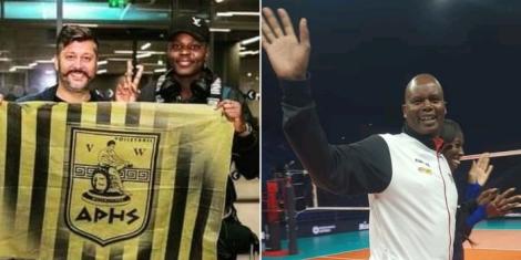 A collage image of Sharon Chepchumba after signing for Aris Thessaloniki and Malkia Strikers tactician Paul Bitok.