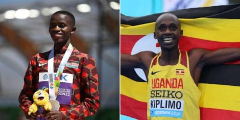 Collage image of Stanley Waithaka Mburu (L) and Jacob Kiplimo (R) celebrating their wins in past events.
