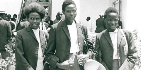 Lydia Stephens (L), Elizabeth Chesire (M) and Tecla Chemabwai (R) posing for a photo at the 1968 Olympic Games in Mexico.