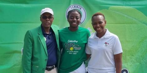 From left to right: Tennis referee Patrick Kamuhia, Wimbledon Open champion Angella Okutoyi and journalist Carol Radull pose for a photo at Kasarani Stadium on December 20, 2022.