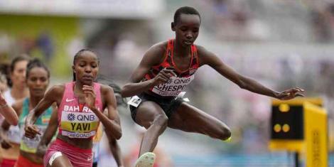 Kenya's Celliphine Chespol taking part in 3,000m steeplechase heats at the 2022 World Championships in Oregon on July 16.