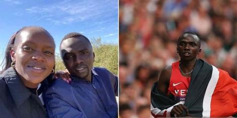 Collage of Faith Kipyegon with her husband Timothy Kitum (L) and him celebrating winning a bronze medal at the 2012 London Olympic Games in England. 
