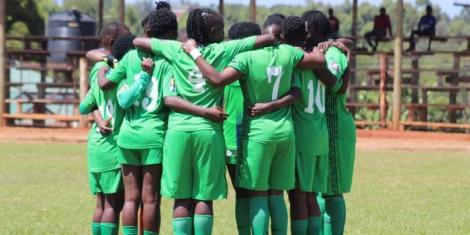 Trans Nzoia Falcons players pray before their match against Vihiga Queens on January 7, 2022, at Ndura Sports Complex in Kitale.