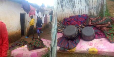 Collage image of Trans Nzoia Falcons players being evicted from a house (L) on January 7, 2023, and some of their belongings (R).