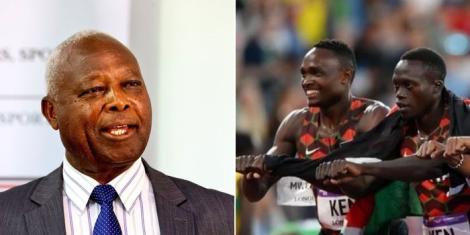 Collage image of Athletics Kenya President Jackson Tuwei (L), and runners celebrating a win at the 2022 Commonwealth games in Birmingham, United Kingdom (R).