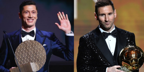 Lewandowski (left) and Messi (right) receiving their Award at the 2021 Ballon d'Or award ceremony in France on November 29, 2021