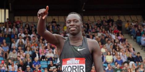 Emmanuel Korir celebrating winning the Birmingham Grand Prix on August 18, 2018.