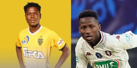 A collage image of Ivory Coast forward Karim Konate (L) and Senegal midfielder Pape Matar Sarr (R).