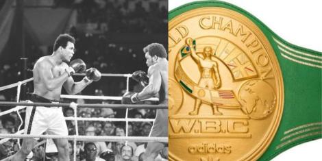 A collage image of George Foreman's and Muhammad Ali's fight staged in 1974 in DRC and the WBC belt that the latter won.