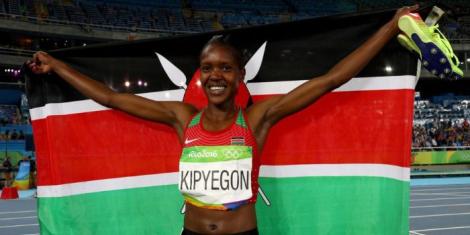 Faith Chepngetich Kipyegon celebrating winning the 1,500m gold medal during the 2016 Rio de Janeiro Olympic Games.