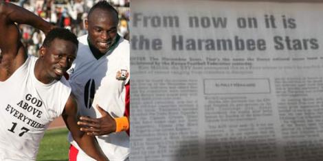 A collage image of Harambee Stars players celebrating a goal in a past match and an old newspaper excerpt. 