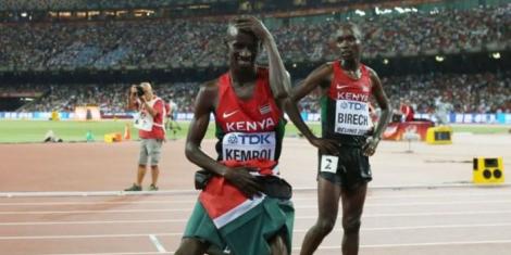 Ezekiel Kemboi celebrating winning the 3,000m steeplechase race in a past evet.